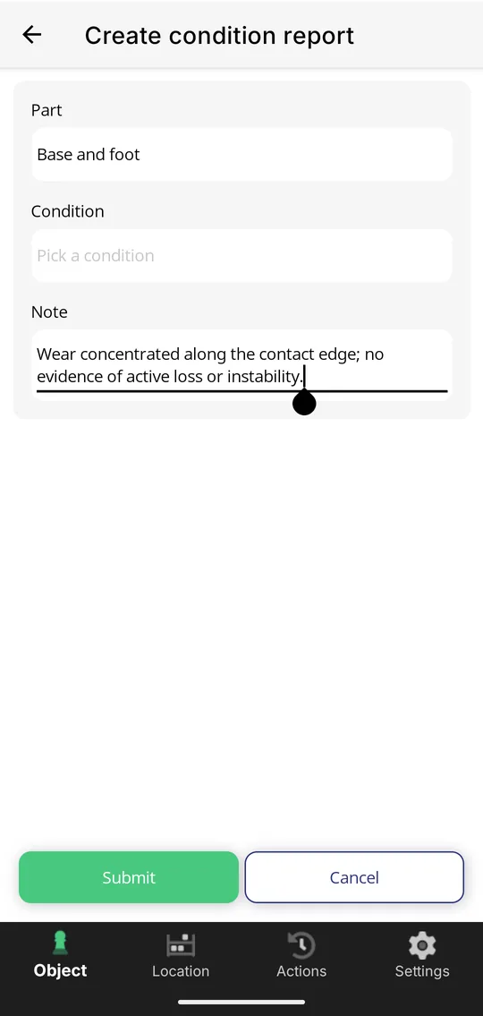 Collection Mobile, creating a condition report